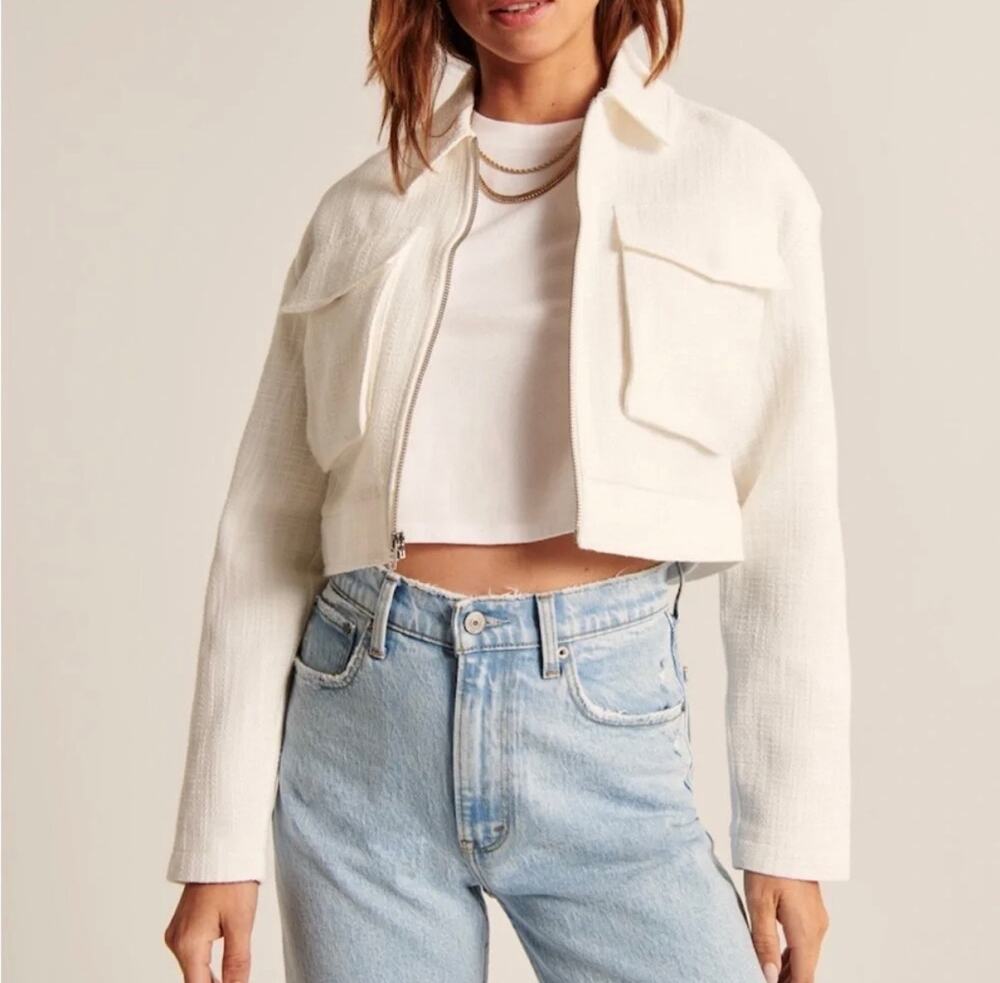 Abercrombie and Fitch White Cropped Tweed Jacket Zip Front Women's L New